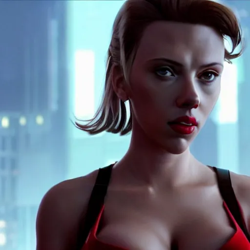 Image similar to Scarlett Johansson is Faye Valentine, cinematic shot, cyberpunk