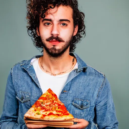 Prompt: Young Italian man with curly hair, moustache and a short beard covered in pizza sauce. Sigma 85mm f_1.4, 4k, portrait photography