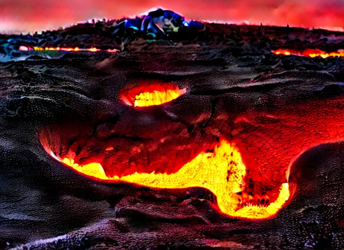 Image similar to hyperrealism, detailed textures, photorealistic 3 d render, a lava flow in iceland, one million lave rivers, sharp focus, ultra realistic, ultra high pixel detail, cinematic, intricate, cinematic light, concept art, illustration, art station, unreal engine 8 k