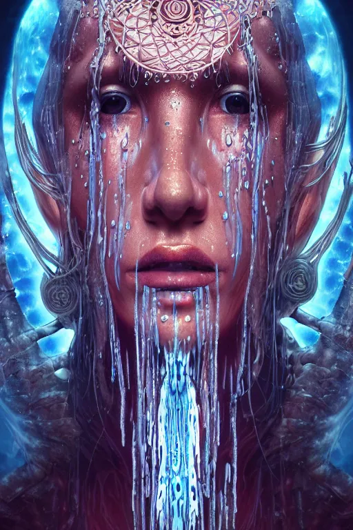 Image similar to a profile photo real render of an ancient futuristic shaman with digital modifications surrounded by a underwater ink pour and flowing liquid gallium and complex sacred geometry, perfect body and face, powerful, cinematic, beautifully lit, by artgerm, by karol bak, 3 d, trending on artstation, octane render, 8 k