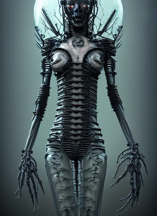 Image similar to gothic inflateble dark dress, perfect symmetrical body, helmet on face, full body shot, alien, plant predator, guyver, giger, wires, tubes, veins, jellyfish, white biomechanical details, wearing epic bionic cyborg implants, masterpiece, intricate, biopunk, vogue, highly detailed, artstation, concept art