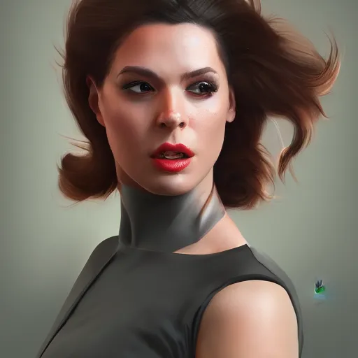 Image similar to modern woman | hyperrealistic | action pose | digital painting | trending on artstation | pinup portrait | clean | illustration | dressed | Unreal Engine 5 | 8k resolution | by Greg Rutkowski and Mel Ramos