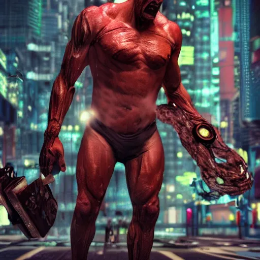 Prompt: Zero body fat monster with a lot of muscles and long soft legs and a tail. Vampires. Hyper-realistic cyberpunk, in competition, octane render, closeup shot