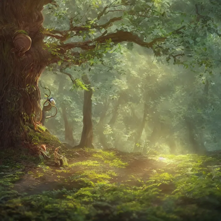 Image similar to tiny seeds float around a fairytale tree in a sunny forest glade, radiant morning light, trending on artstation