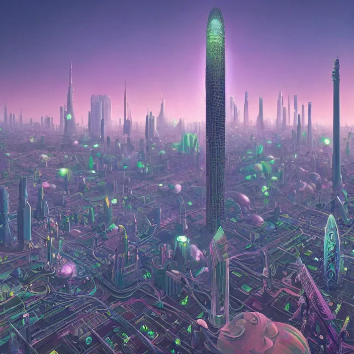 Prompt: city skyline, science fiction, extremely detailed, sharp focus, pastel colors, intricate, beautiful, illustration, volumetric lighting, digital painting, by roger dean, by simon stalenhag, by alex grey