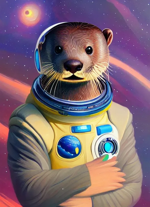 Prompt: a portrait of a cute otter in a space suit, galaxy, detailed, artstation, painting by rhads