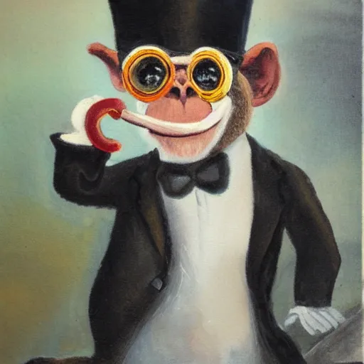 Image similar to a monkey wearing a monocle and a top hat drinking tea, brush strokes, oil painting