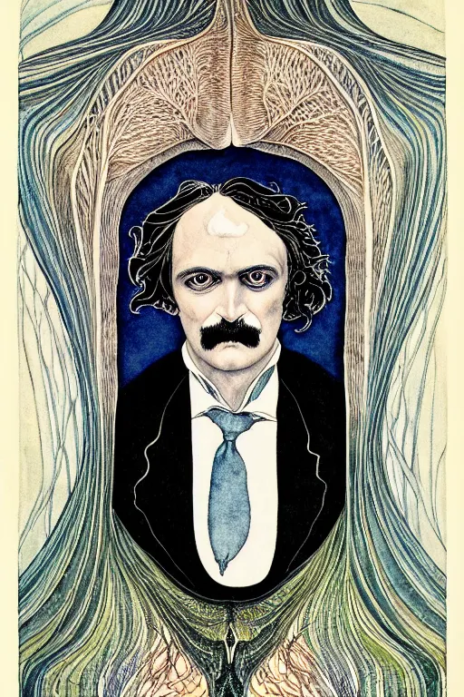 Prompt: realistic symmetrical portrait of edgar allen poe in the center of a frame of veins, detailed art by kay nielsen and walter crane, illustration style, watercolor