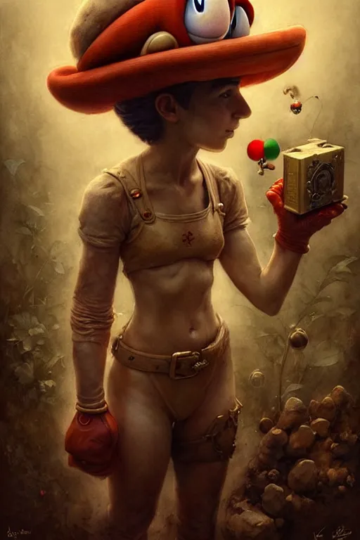 Prompt: super mario | esoteric symbolism | jean - baptiste monge, esao andrews, bastien lecouffe - deharme, tim jacobus, ken currie | ultra - detailed realism, soft cinematic lighting, hi - fructose, artstation, high - quality, ink watercolors wes anderson poster art