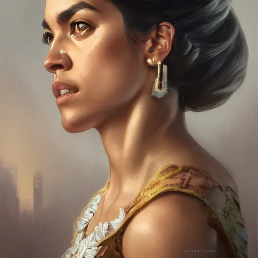 Image similar to ultra realistic illustration, alexandria ocasio - cortez, intricate, elegant, highly detailed, digital painting, artstation, concept art, smooth, sharp focus, illustration, art by artgerm and greg rutkowski and alphonse mucha