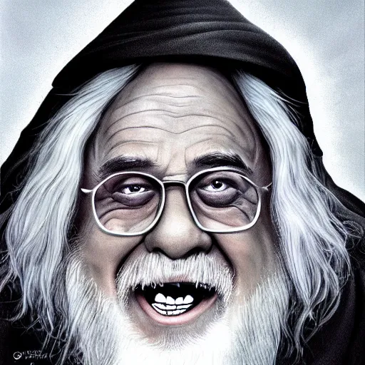 Image similar to portrait danny devito as gandalf, deviantart, smile, ultra realistic illustration, final fantasy, high quality, full color