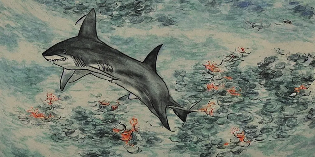 Prompt: a shark with ten heads is painting a chinese painting ， by monet