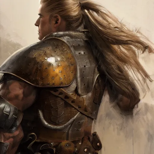 Prompt: rear side portrait of a muscular, ponytail haired blonde man with a armored left arm, wearing a brown leather coat, looking to his left, DnD, fantasy, detailed, digital art by Ruan Jia