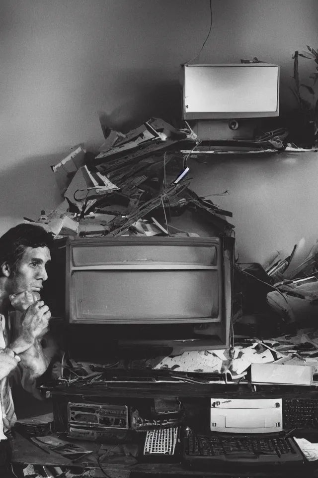 Image similar to a high resolution photo of a sad man watching the end of the world on a vintage computer,, earthquake, debris