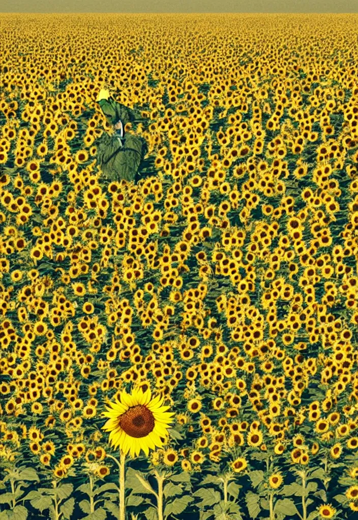 Image similar to A communist Propaganda Poster of a single sunflower in a vast dry field.