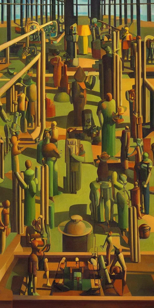 Image similar to robot druids in a grandiose atrium, grant wood, pj crook, edward hopper, oil on canvas