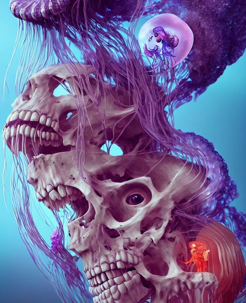 Image similar to goddess close - up portrait human skeleton, ram skull, jellyfish, orchid, betta fish, bioluminiscent, intricate artwork by tooth wu and wlop and beeple. octane render, trending on artstation, greg rutkowski very coherent symmetrical artwork. cinematic, hyper realism, high detail, octane render, 8 k