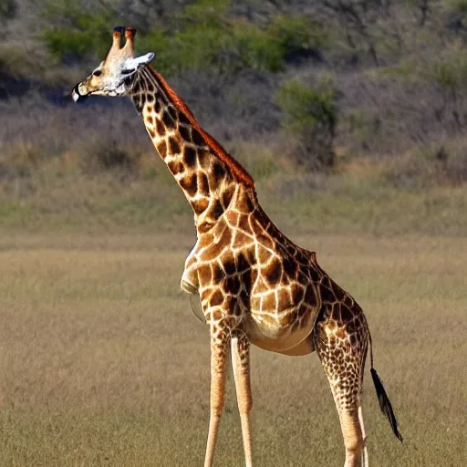 Prompt: giraffe with white feathers and orange bill