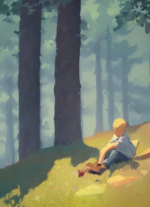 Prompt: impressionistic painting of a boy sitting on a hill in the woods, concept art by atey ghailan, featured on artstation, plein air, official art, 2 d game art, artstation hd, painterly