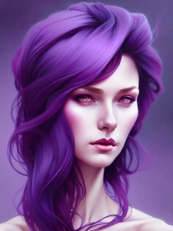 Image similar to Purple hair, creative colouring Portrait of woman, fashion, intricate, elegant, highly detailed, digital painting, artstation, concept art, smooth, sharp focus, illustration, art by artgerm and greg rutkowski and alphonse mucha