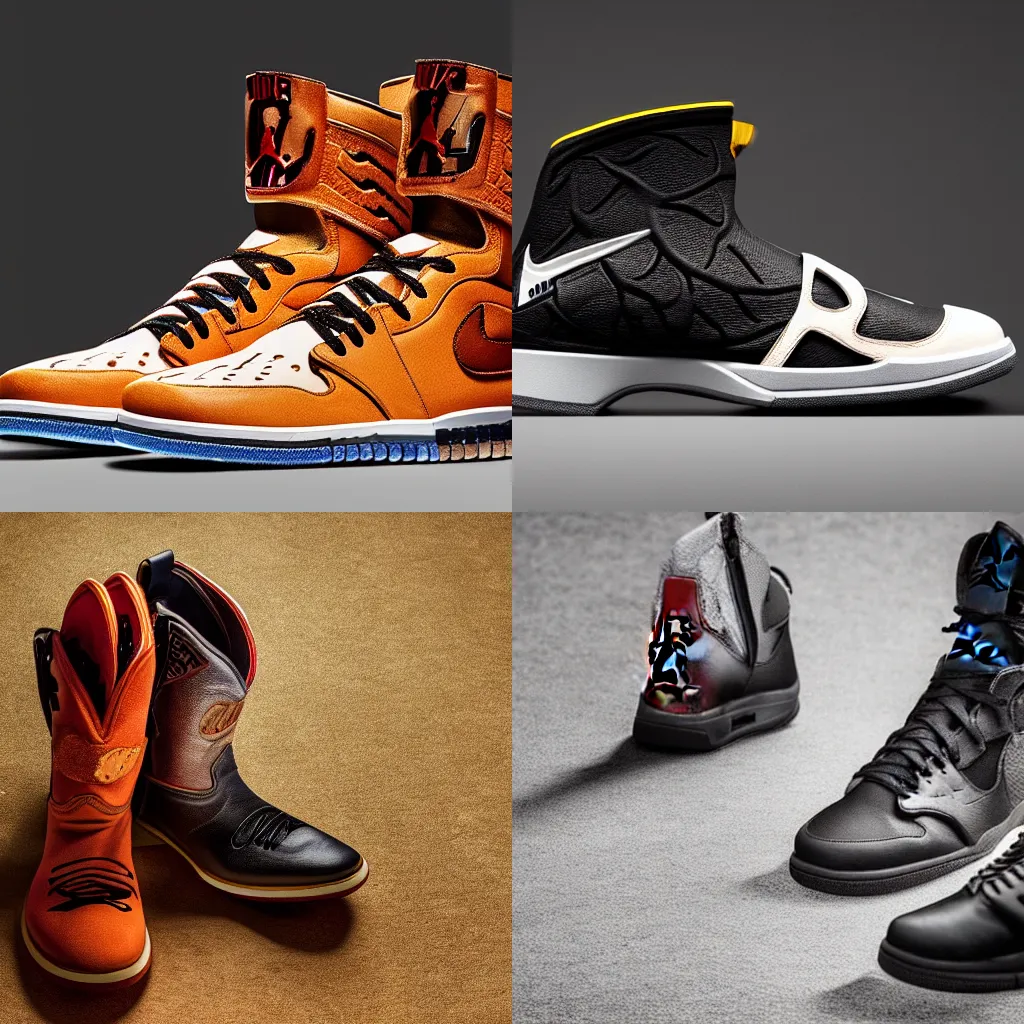 Prompt: Nike Air Jordan cowboy boots, studio lighting, 8k