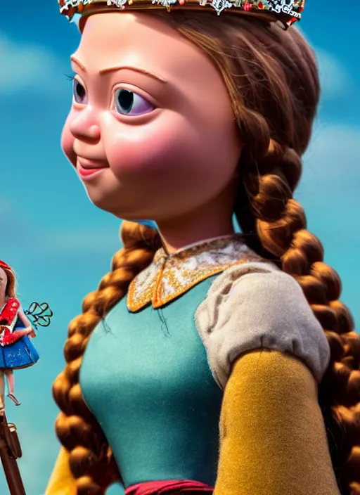 Image similar to highly detailed closeup, face profile portrait of greta thunberg as a tin toy fairytale princess wearing a crown eating cakes, bikini, unreal engine, nicoletta ceccoli, mark ryden, earl norem, lostfish, global illumination, detailed and intricate environment