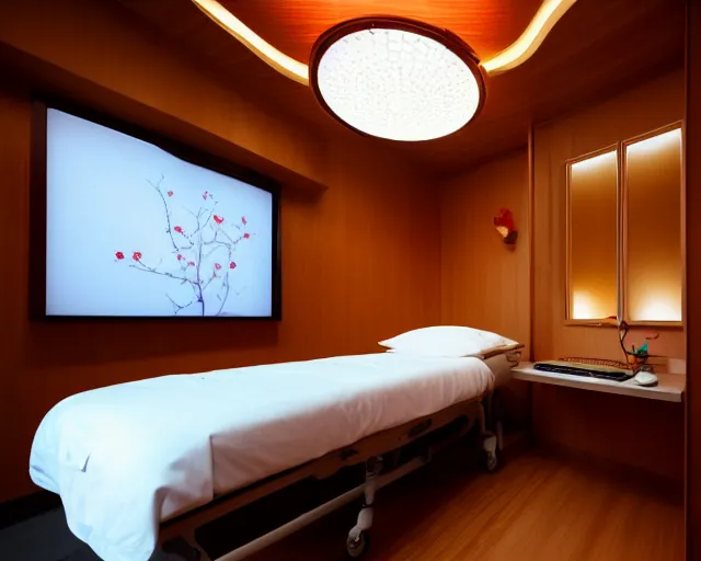 Image similar to The zen environment of the hospital room of the five star hotel located in the Kyoto spaceship, with calming bright lights and a welcoming Japanese rose pattern on the wall and a breathtaking wooden floor; a doctor and her patient look at a computer screen showing medical graphs