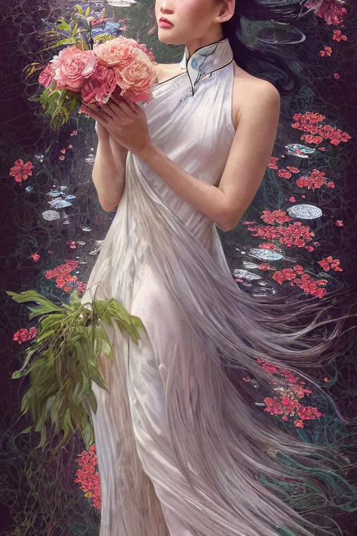 Image similar to portrait of a beautiful woman wearing a cheongsam dress, holding a bouquet of flowing flowers, drenched body, silver hair, emerging from the water, dark fantasy, regal, fractal crystal, fractal gems, by ross tran, stanley artgerm lau, thomas kindkade, alphonse mucha, loish, norman rockwell