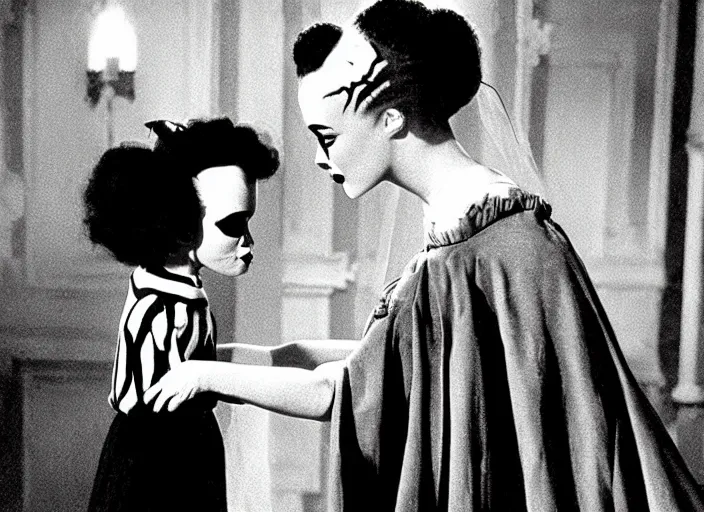 Image similar to editorial portrait, bride of frankenstein ( 1 9 3 5 ) as child wednesday addams, still from the addams family ( 1 9 9 1 )