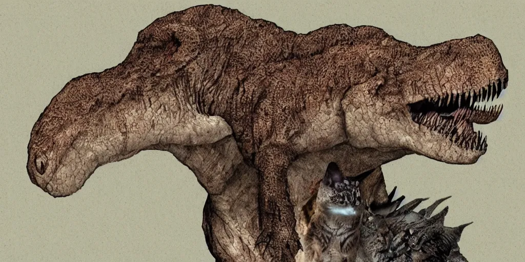 Prompt: tyrannosaurus with a cat's head