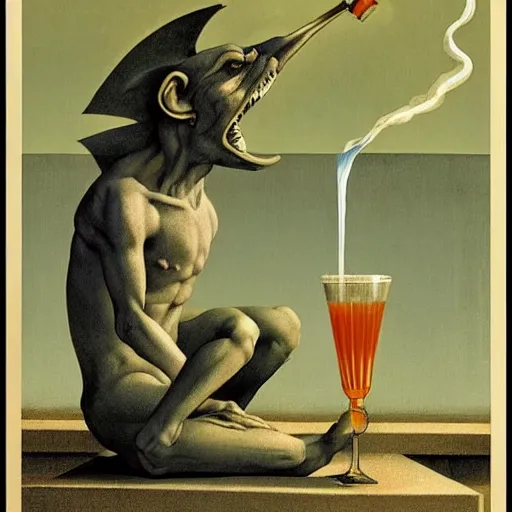 Image similar to a gargoyle offers you a drink by Raphael, Hopper, and Rene Magritte. detailed, romantic, enchanting, trending on artstation.