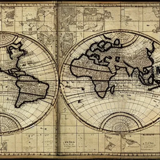 Prompt: 1800s map of the world, parchment, high contrast, high detail