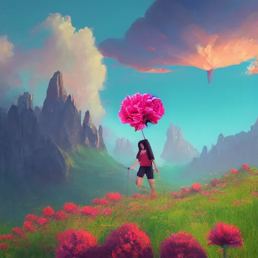 Image similar to giant carnation flower as a head, girl hiking in the dolomites, surreal photography, sunrise, dramatic light, impressionist painting, colorful clouds, digital painting, artstation, simon stalenhag