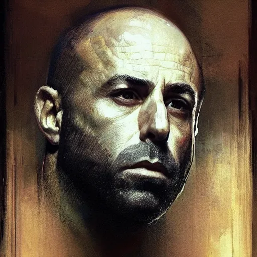 Image similar to hyperrealist portrait of joe rogan by jeremy mann and alphonse mucha, fantasy art, photo realistic, dynamic lighting, artstation, poster, volumetric lighting, very detailed faces, award winning