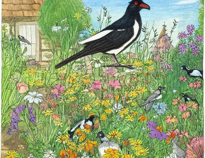 Prompt: magpie in a cottage garden. this drawing by the beloved children's book illustrator has a beautiful composition, interesting color scheme, flat shading.