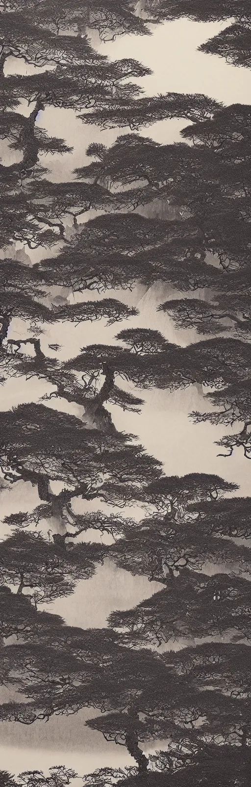 Prompt: Masterful sumi-e ink on Xuan paper by Hayao Miyazaki and Ohara Koson, interpretation of A beautiful landscape photography of Zhangjiajie mountains, an intricate tree in the foreground, sunset, dramatic lighting by Anselm Adams and Albrecht Durer, chiaroscuro, shadow and light,