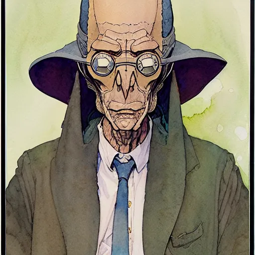 Image similar to a simple and atmospheric watercolour portrait of a pulp sci - fi alien teacher, very muted colors, by rebecca guay, michael kaluta, charles vess and jean moebius giraud