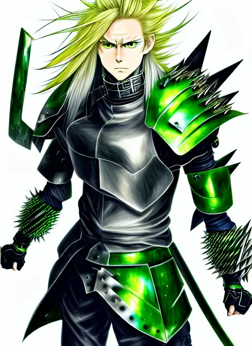 Image similar to a detailed anime full body portrait of a male warrior with long blonde hair and blue eyes wearing evil green spiked cyberpunk armour by hirohiko araki, detailed artwork, realism, 4 k resolution, detailed, high quality, sharp focus, hq artwork, insane detail, volumetric lighting, character concept art, fine details, clear subject, central subject