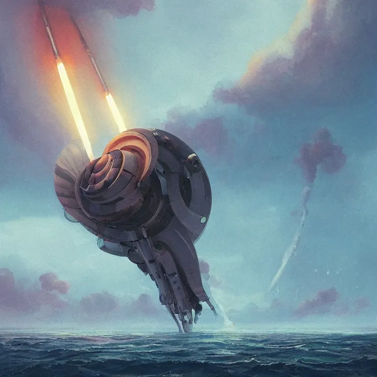 Image similar to mechanical spaceship nautilus dripping wet emerging from a the ocean, launching to space, big booster rocket engines, sci - fi concept art, by john harris, by simon stalenhag, stunning, award winning