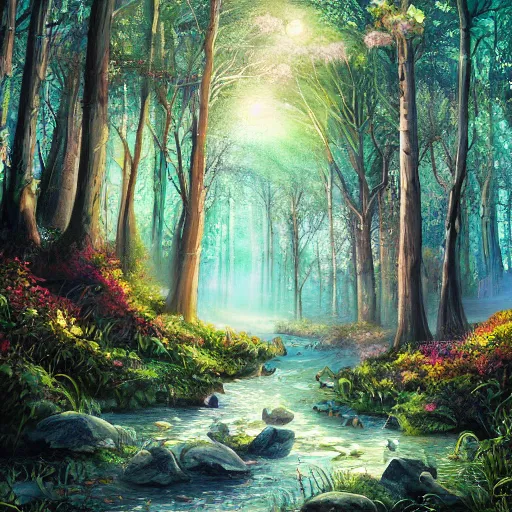 Image similar to A beautiful painting of a fantasy forest, digital art, lots of detail, 4k, ultra HD