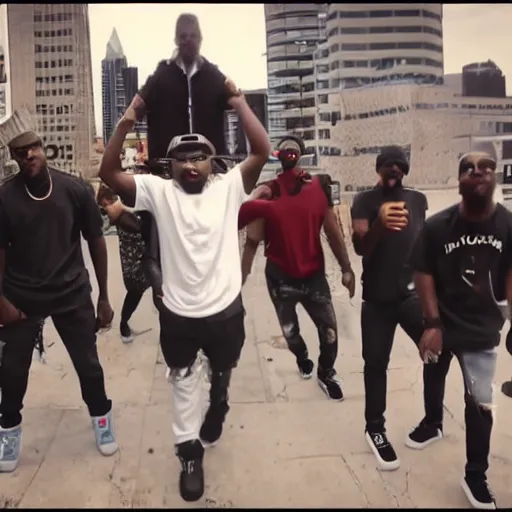 Image similar to still from Atlanta rap artist music video, group of people wild