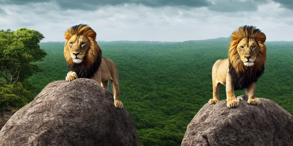 Image similar to hyperrealistic photo of a lion roaring on top of a rock over looking the jungle, 8 k