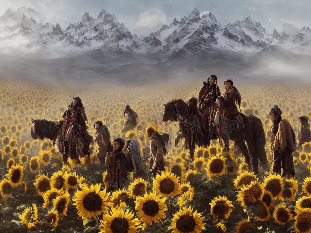 Image similar to a portrait of the mighty helianthus people, a nomadic mongolian tribe that worship the sunlight in a vast barren valley full of sunflowers that are withered dry, with glaciers peaking through fog in the distance, by Greg Rutkowski, Sung Choi, Mitchell Mohrhauser, Maciej Kuciara, Johnson Ting, Maxim Verehin, Peter Konig, Bloodborne, macro lens, 35mm, 8k photorealistic, cinematic lighting, HD, high details, atmospheric