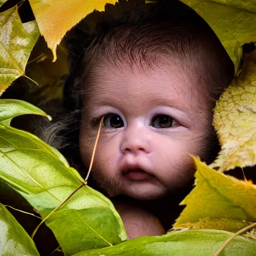 Image similar to award winning hyper realistic photograph of a baby sasquatch portrait hiding in the leaves peering out timidly with with large cute eyes