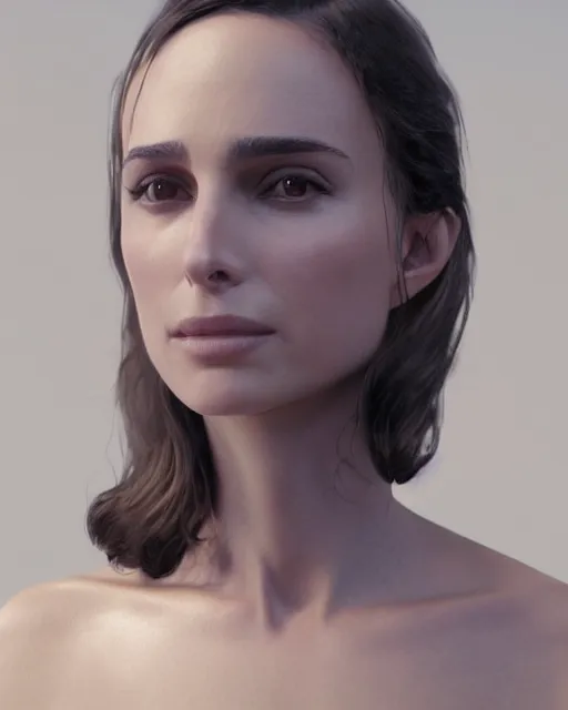 Image similar to 3 d render of nathalie portman wearing a high fashion outfit, octane render, half body portrait, intricate, elegant, by alyssa monks, highly detailed, fine details, masterpiece, trending on artstation