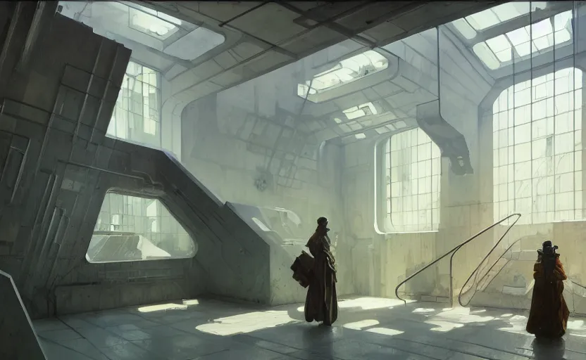 Image similar to painting of interior shot of a white concerete brutalist museum by darek zabrocki and greg ruthkowski, alphonse mucha, simon stalenhag and cinematic and blue cold atmospheric, archillect concept art, artstation, trending on artstation