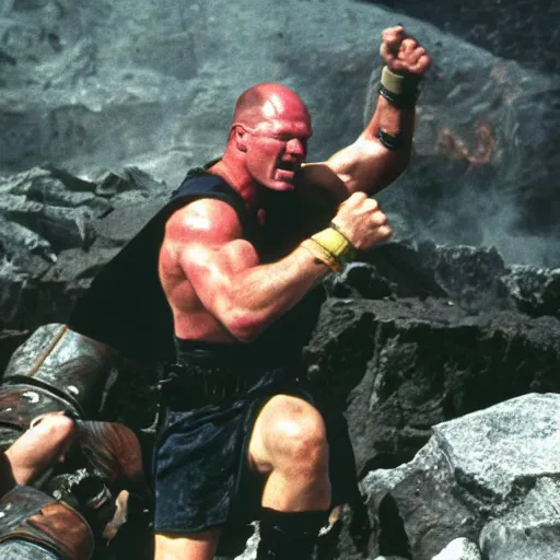 Prompt: stone cold steve austin destroying the one ring in mt. doom