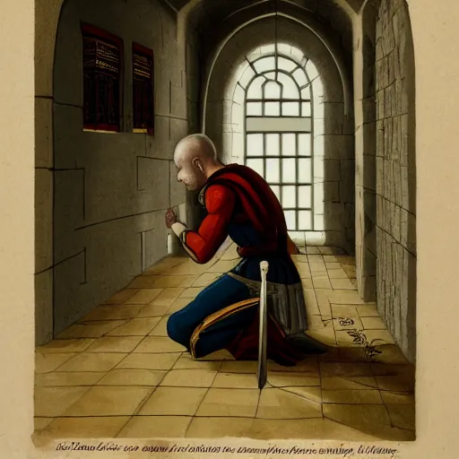 Prompt: A pale young man stands inside a prison cell. Clad in shining armor he kneels and prays to a God others would have long abandoned. Sunshine lightly grazes his cheeks as he prays, his broken spear used as a cross to focus on. The knight's expression is sad, pensive, but resolute, decisive and stubborn. Portrait.