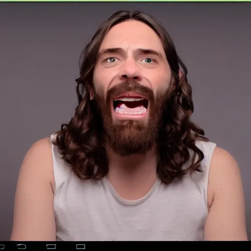 Image similar to jesus christ twitch stream, mouth wide open with his hands on his head, screenshot