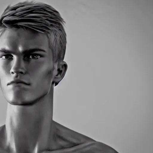 Image similar to a realistic detailed photo of a guy who is an attractive humanoid who is half robot and half humanoid, who is a male android, soccer player martin ødegaard, shiny skin, posing like a statue, blank stare, in a living room, on display, showing off his muscles